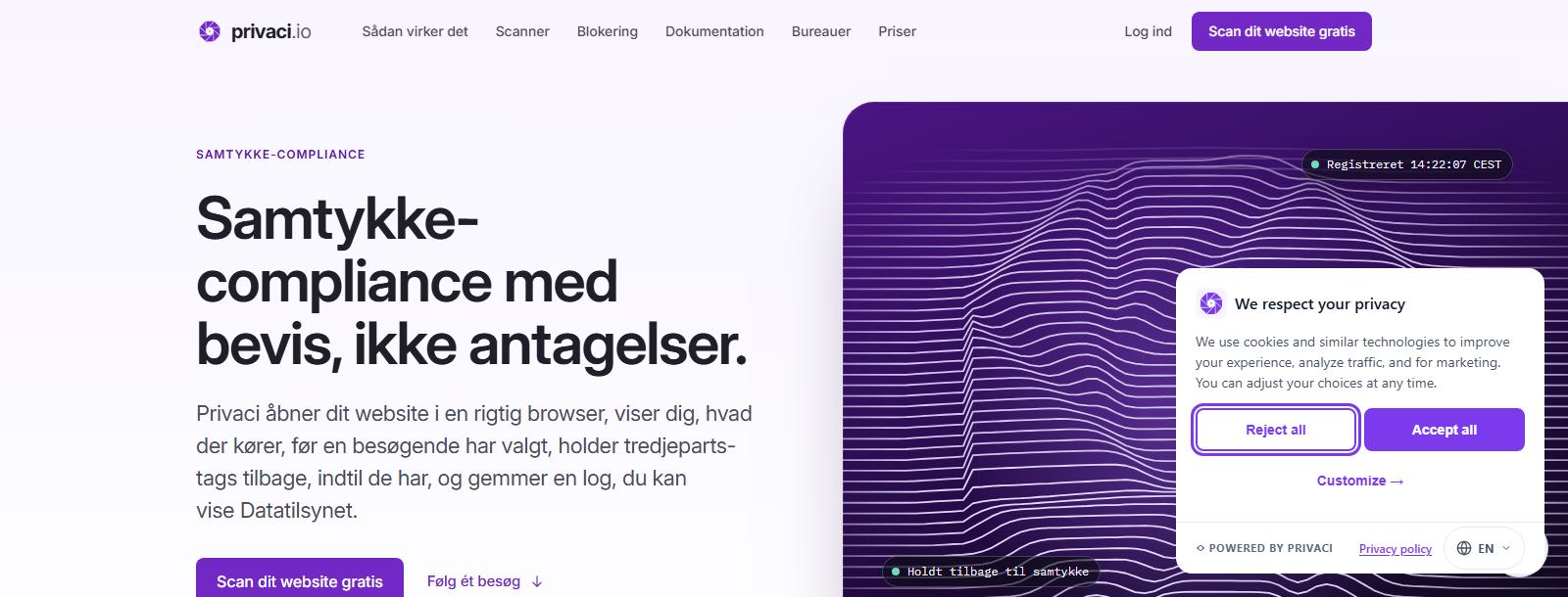 Privaci landing page with its consent banner
