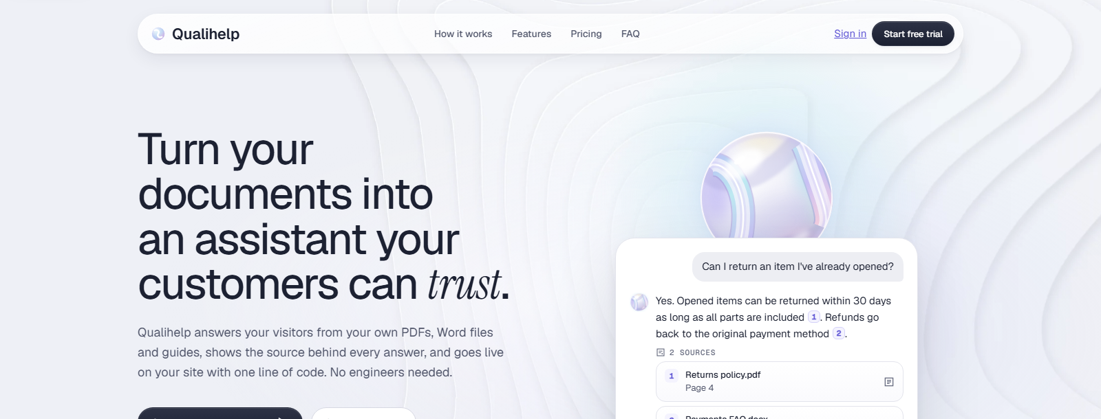 Qualihelp landing page with a cited chat answer