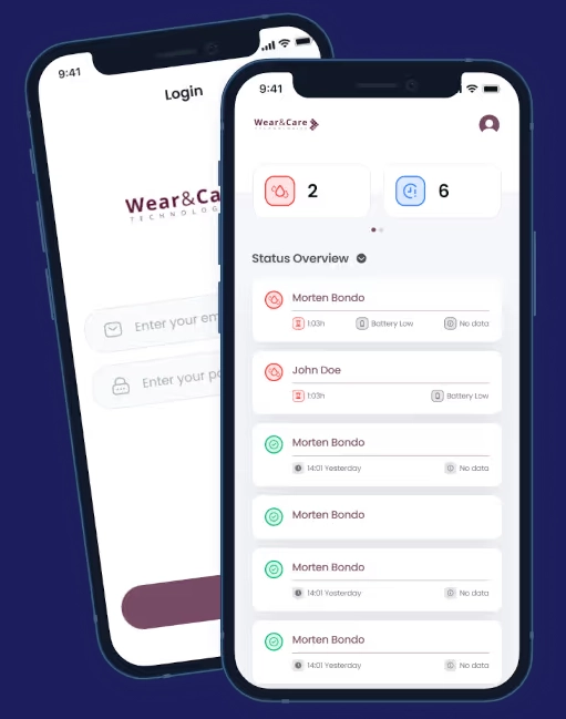 Wear&Care elderly monitoring app screens